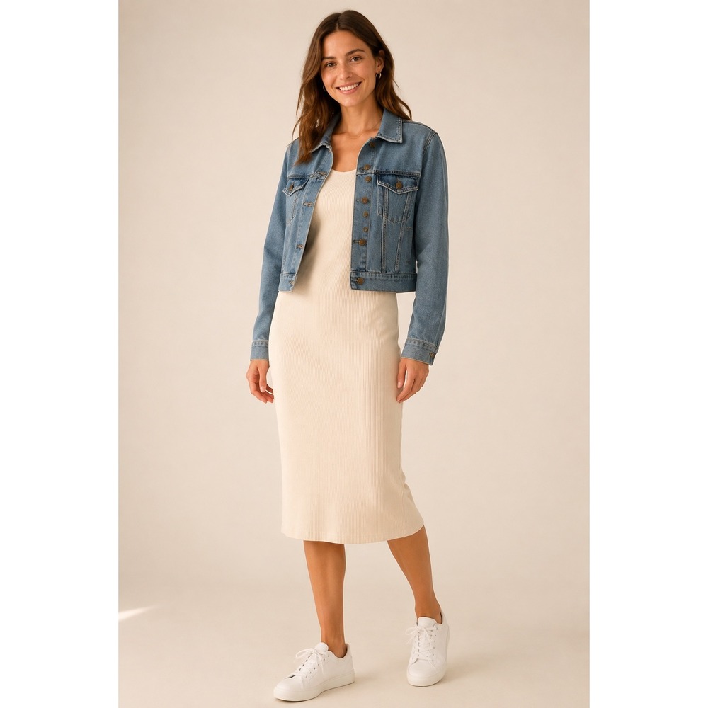 TGLA Cropped Denim Trucker Jacket Women's Small Medium Wash Cotton Blend